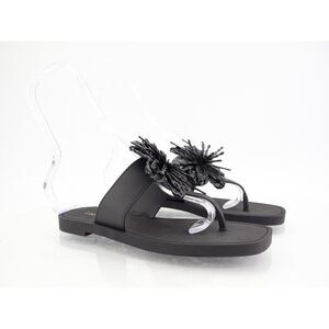 Larroude Hibiscus Sandals Slide Thong Size 6/7 Black Slip On Rubber Beach